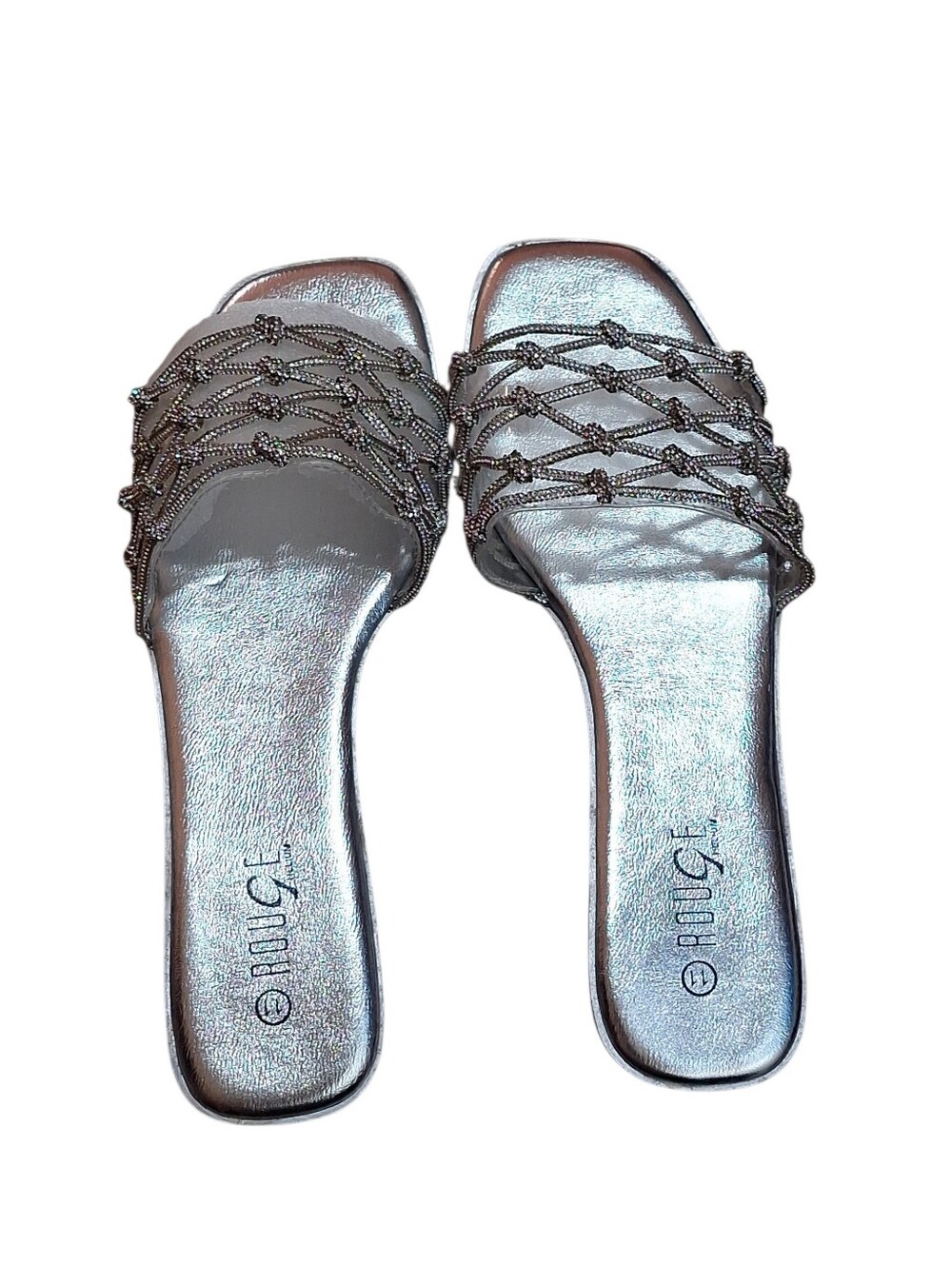 NIB Rouge Helium Silver Embellished Slip-On Sandals.